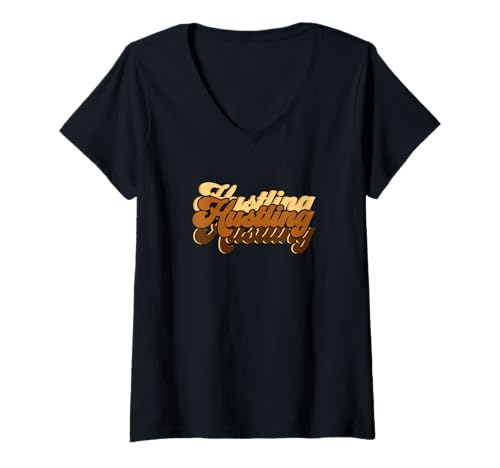 Damen Braune Hustling-X3 Braune Grafik T-Shirt mit V-Ausschnitt von Color Match Brown Graphic Tee