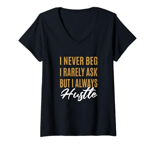 Damen Brown Rarely Never Always Hustle Brown Graphic T-Shirt mit V-Ausschnitt Damen Brown Rarely Never Always Hustle Brown Graphic T-Shirt mit V-Ausschnitt von Color Match Brown Graphic Tee