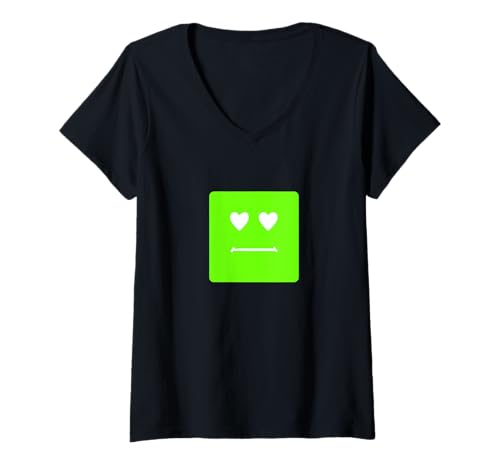 Damen Grüne Herzaugen Blockgesicht grüne Grafik T-Shirt mit V-Ausschnitt von Color Match Green Graphic Tee