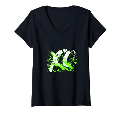 Damen Grüne XO Splash Green Grafik T-Shirt mit V-Ausschnitt Damen Grüne XO Splash Green Grafik T-Shirt mit V-Ausschnitt von Color Match Green Graphic Tee