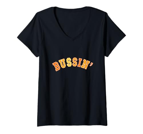 Damen Orange Bussin' Orange Grafik T-Shirt mit V-Ausschnitt Damen Orange Bussin' Orange Grafik T-Shirt mit V-Ausschnitt von Color Match Orange Graphic Tee
