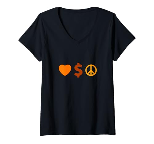 Damen Orange Love, Wealth, Peace Orange Graphic T-Shirt mit V-Ausschnitt Damen Orange Love, Wealth, Peace Orange Graphic T-Shirt mit V-Ausschnitt von Color Match Orange Graphic Tee