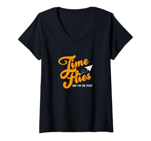 Damen Orange Pilot of My Own Time Orange Grafik T-Shirt mit V-Ausschnitt Damen Orange Pilot of My Own Time Orange Grafik T-Shirt mit V-Ausschnitt von Color Match Orange Graphic Tee