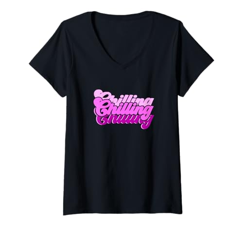 Damen Pink Chilling-x3 Rosafarbene Grafik T-Shirt mit V-Ausschnitt von Color Match Pink Graphic Tee