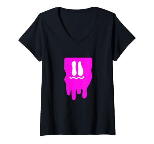 Damen Pink Melty Block Face Grafik in Rosa T-Shirt mit V-Ausschnitt von Color Match Pink Graphic Tee