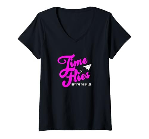 Damen Pink Pilot of My Own Time Pink Graphic T-Shirt mit V-Ausschnitt von Color Match Pink Graphic Tee