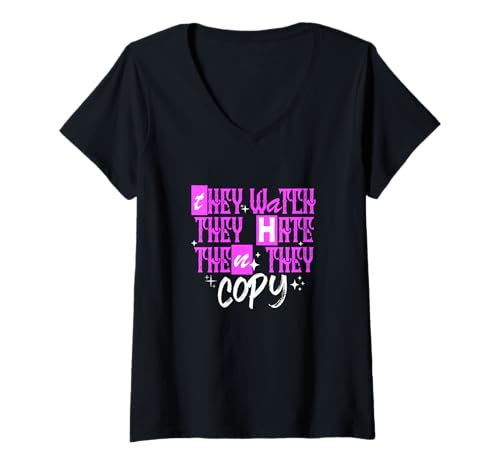 Damen Pink Watch, Hate, Copy Pink Graphic T-Shirt mit V-Ausschnitt von Color Match Pink Graphic Tee