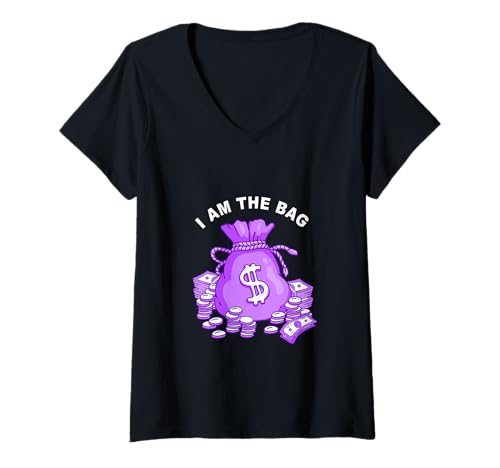 Damen Lila I AM The Bag Purple Graphic T-Shirt mit V-Ausschnitt Damen Lila I AM The Bag Purple Graphic T-Shirt mit V-Ausschnitt von Color Match Purple Graphic Tee