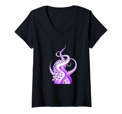 Damen Lila Oktopus Lila Grafik T-Shirt mit V-Ausschnitt Damen Lila Oktopus Lila Grafik T-Shirt mit V-Ausschnitt von Color Match Purple Graphic Tee