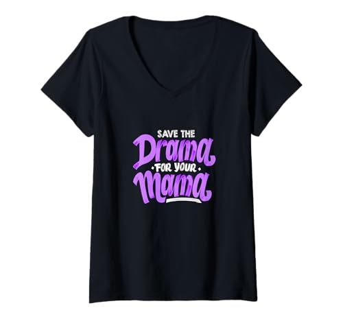 Damen Lila Save The Drama Purple Graphic T-Shirt mit V-Ausschnitt von Color Match Purple Graphic Tee