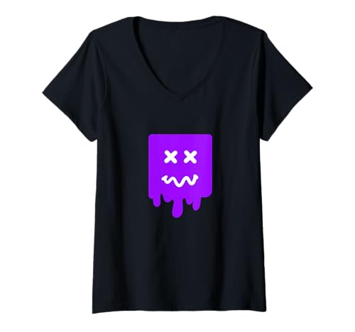 Damen Lila X-Eyes gewelltes Blockgesicht, Violette Grafik T-Shirt mit V-Ausschnitt Damen Lila X-Eyes gewelltes Blockgesicht, Violette Grafik T-Shirt mit V-Ausschnitt von Color Match Purple Graphic Tee