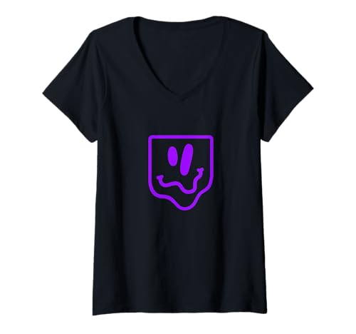Damen Lila gewelltes quadratisches Gesicht lila Grafik T-Shirt mit V-Ausschnitt Damen Lila gewelltes quadratisches Gesicht lila Grafik T-Shirt mit V-Ausschnitt von Color Match Purple Graphic Tee