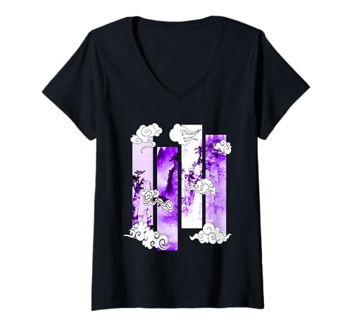 Damen Lila japanische Klippen Szene Lila Grafik T-Shirt mit V-Ausschnitt Damen Lila japanische Klippen Szene Lila Grafik T-Shirt mit V-Ausschnitt von Color Match Purple Graphic Tee