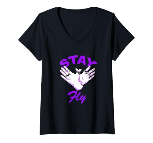 Damen Lilafarbene „Stay Fly“ -Grafik T-Shirt mit V-Ausschnitt Damen Lilafarbene „Stay Fly“ -Grafik T-Shirt mit V-Ausschnitt von Color Match Purple Graphic Tee