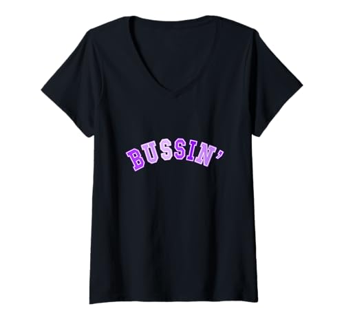 Damen Lilafarbene Bussin-Grafik T-Shirt mit V-Ausschnitt Damen Lilafarbene Bussin-Grafik T-Shirt mit V-Ausschnitt von Color Match Purple Graphic Tee