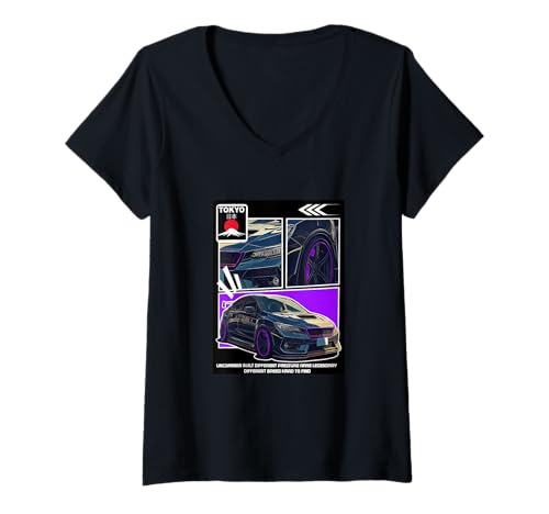 Damen Lilafarbenes Tokio-Auto, lila T-Shirt mit V-Ausschnitt Damen Lilafarbenes Tokio-Auto, lila T-Shirt mit V-Ausschnitt von Color Match Purple Graphic Tee