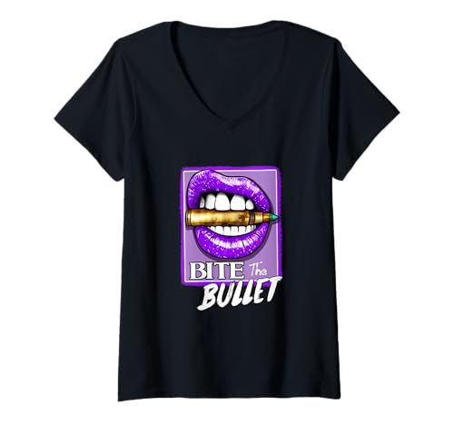 Damen Purple Bite The Bullet Violette Grafik T-Shirt mit V-Ausschnitt Damen Purple Bite The Bullet Violette Grafik T-Shirt mit V-Ausschnitt von Color Match Purple Graphic Tee