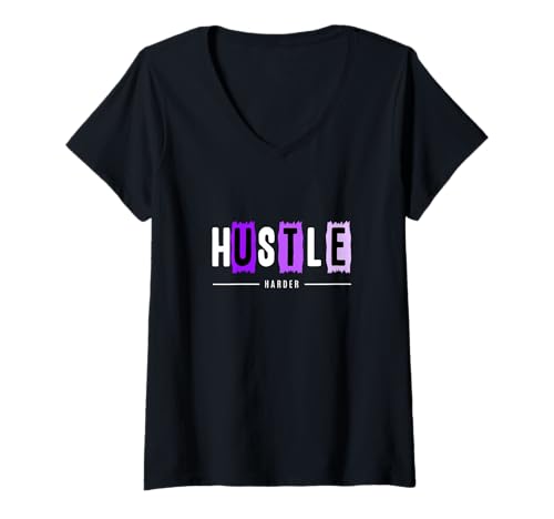 Damen Purple Hustle Harder Purple Graphic T-Shirt mit V-Ausschnitt Damen Purple Hustle Harder Purple Graphic T-Shirt mit V-Ausschnitt von Color Match Purple Graphic Tee