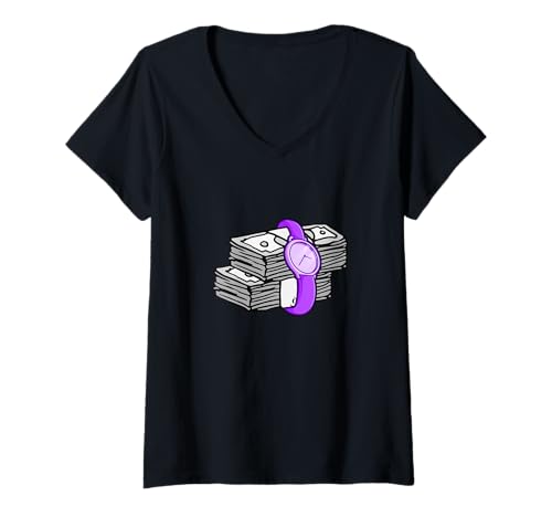 Damen Purple Time/Money Violette Grafik T-Shirt mit V-Ausschnitt Damen Purple Time/Money Violette Grafik T-Shirt mit V-Ausschnitt von Color Match Purple Graphic Tee