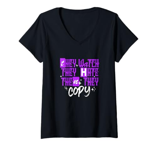 Damen Purple Watch, Hate, Copy Violette Grafik T-Shirt mit V-Ausschnitt von Color Match Purple Graphic Tee