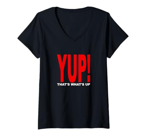 Damen Lesen Sie YUP! Das ist What Up Red Graphic T-Shirt mit V-Ausschnitt Damen Lesen Sie YUP! Das ist What Up Red Graphic T-Shirt mit V-Ausschnitt von Color Match Red Graphic Tee