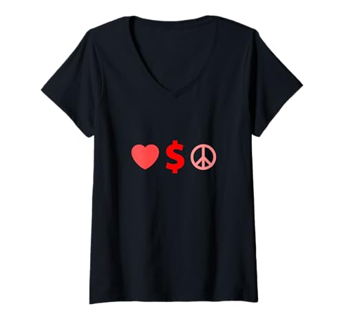 Damen Red Love, Wealth, Peace Red Graphic T-Shirt mit V-Ausschnitt von Color Match Red Graphic Tee