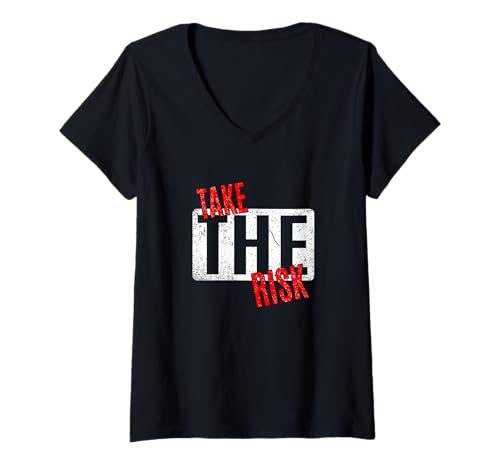 Damen Red Take The Risk Red Graphic T-Shirt mit V-Ausschnitt Damen Red Take The Risk Red Graphic T-Shirt mit V-Ausschnitt von Color Match Red Graphic Tee