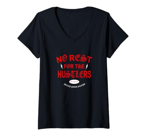 Damen Red The Hustle Never Sleeps Red Graphic T-Shirt mit V-Ausschnitt Damen Red The Hustle Never Sleeps Red Graphic T-Shirt mit V-Ausschnitt von Color Match Red Graphic Tee