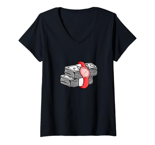 Damen Rote Grafik in Rot von Time/Money T-Shirt mit V-Ausschnitt Damen Rote Grafik in Rot von Time/Money T-Shirt mit V-Ausschnitt von Color Match Red Graphic Tee