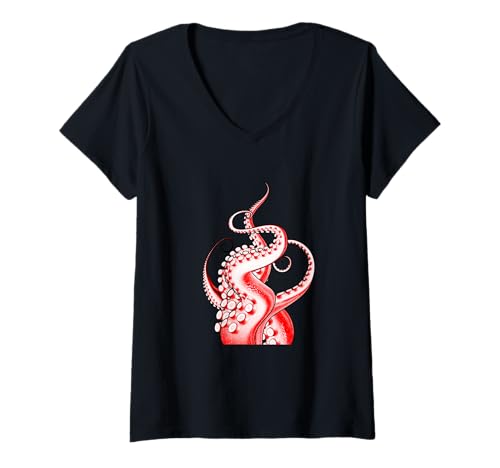 Damen Rote Grafik mit rotem Oktopus T-Shirt mit V-Ausschnitt Damen Rote Grafik mit rotem Oktopus T-Shirt mit V-Ausschnitt von Color Match Red Graphic Tee