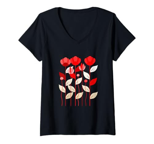 Damen Rote Tulpen-Töne, rote Grafik T-Shirt mit V-Ausschnitt Damen Rote Tulpen-Töne, rote Grafik T-Shirt mit V-Ausschnitt von Color Match Red Graphic Tee