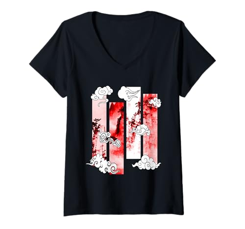 Damen Rote japanische Klippen Szene rote Grafik T-Shirt mit V-Ausschnitt Damen Rote japanische Klippen Szene rote Grafik T-Shirt mit V-Ausschnitt von Color Match Red Graphic Tee
