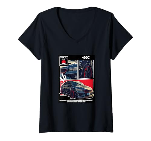 Damen Rotes Tokio-Auto, rote Grafik T-Shirt mit V-Ausschnitt von Color Match Red Graphic Tee
