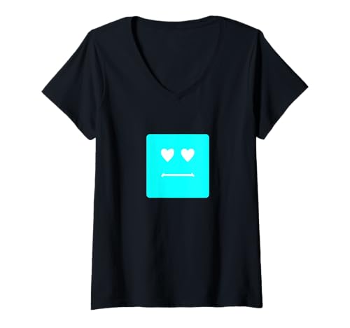 Damen Türkisfarbene Herz-Augen Block-Gesicht Türkis-Grafik T-Shirt mit V-Ausschnitt von Color Match Turquoise Graphic Tee