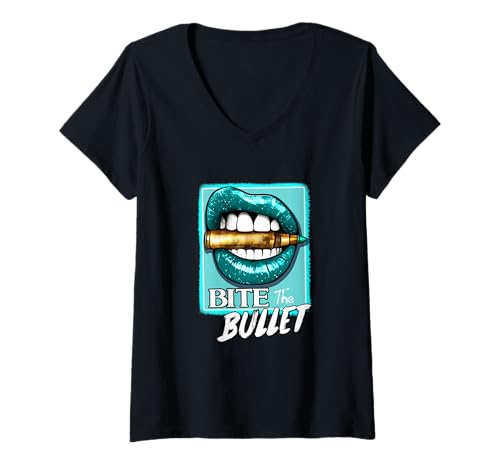 Damen Turquoise Bite The Bullet Türkis-Grafik T-Shirt mit V-Ausschnitt von Color Match Turquoise Graphic Tee
