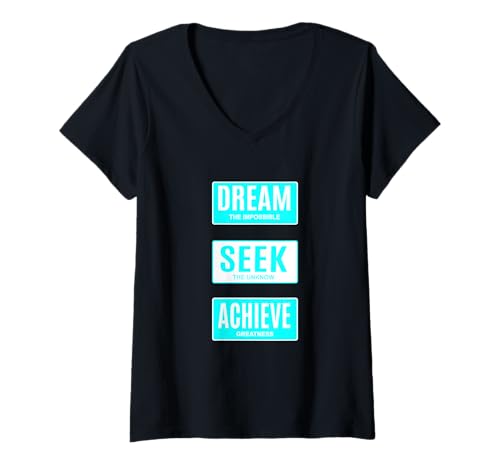 Damen Turquoise Dream Seek Achieve Türkis-Grafik T-Shirt mit V-Ausschnitt von Color Match Turquoise Graphic Tee