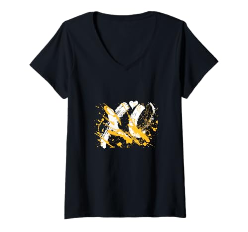 Damen Universität Uni-Gold XO Splash Varsity-Gold T-Shirt mit V-Ausschnitt von Color Match University Varsity-Gold Graphic Tee