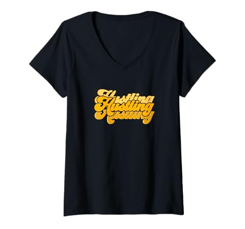 Damen Universität Varsity-Gold Hustling-X3 Universität Varsity-Gold T-Shirt mit V-Ausschnitt Damen Universität Varsity-Gold Hustling-X3 Universität Varsity-Gold T-Shirt mit V-Ausschnitt von Color Match University Varsity-Gold Graphic Tee