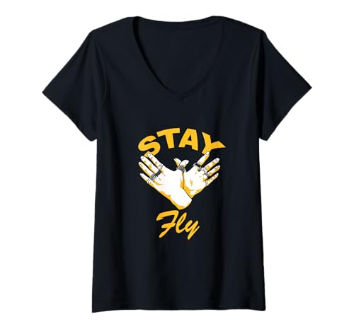 Damen Universität Varsity-Gold Stay Fly University Varsity-Gold T-Shirt mit V-Ausschnitt Damen Universität Varsity-Gold Stay Fly University Varsity-Gold T-Shirt mit V-Ausschnitt von Color Match University Varsity-Gold Graphic Tee
