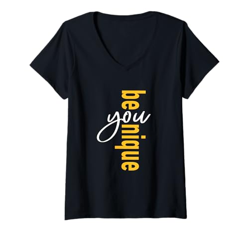 Damen University Varsity-Gold Be-You-Nique Varsity-Gold Gelb T-Shirt mit V-Ausschnitt von Color Match University Varsity-Gold Graphic Tee