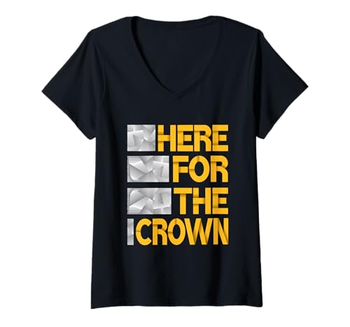 Damen University Varsity-Gold Here for The Crown Yellow Graphic T-Shirt mit V-Ausschnitt Damen University Varsity-Gold Here for The Crown Yellow Graphic T-Shirt mit V-Ausschnitt von Color Match University Varsity-Gold Graphic Tee