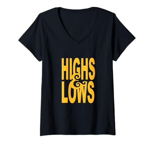 Damen University Varsity-Gold Highs/Lows University Varsity-Gold T-Shirt mit V-Ausschnitt Damen University Varsity-Gold Highs/Lows University Varsity-Gold T-Shirt mit V-Ausschnitt von Color Match University Varsity-Gold Graphic Tee
