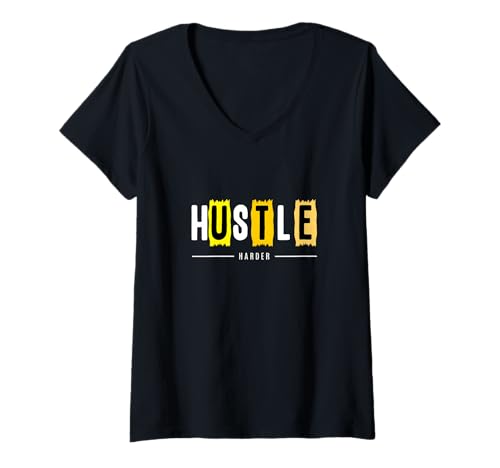 Damen University Varsity-Gold Hustle Harder University Gelb T-Shirt mit V-Ausschnitt Damen University Varsity-Gold Hustle Harder University Gelb T-Shirt mit V-Ausschnitt von Color Match University Varsity-Gold Graphic Tee