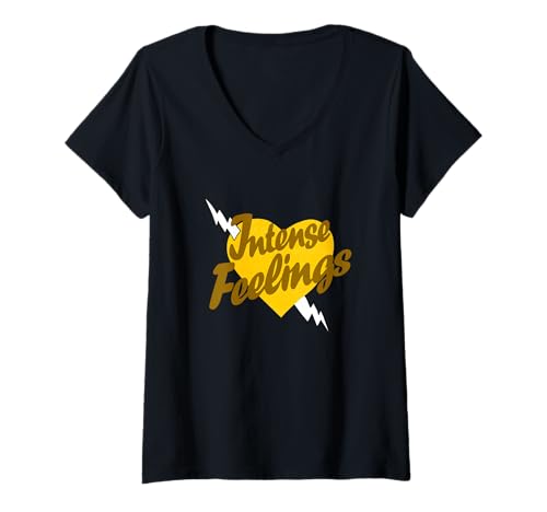 Damen University Varsity-Gold Intense Feelings Used-Look Gelb T-Shirt mit V-Ausschnitt von Color Match University Varsity-Gold Graphic Tee