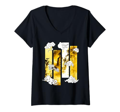 Damen University Varsity-Gold Japanische Klippen Szene Gelb T-Shirt mit V-Ausschnitt Damen University Varsity-Gold Japanische Klippen Szene Gelb T-Shirt mit V-Ausschnitt von Color Match University Varsity-Gold Graphic Tee