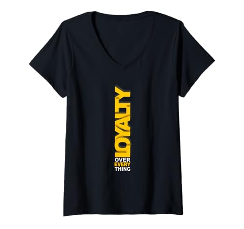 Damen University Varsity-Gold Loyalität Over Everything Gelb T-Shirt mit V-Ausschnitt Damen University Varsity-Gold Loyalität Over Everything Gelb T-Shirt mit V-Ausschnitt von Color Match University Varsity-Gold Graphic Tee