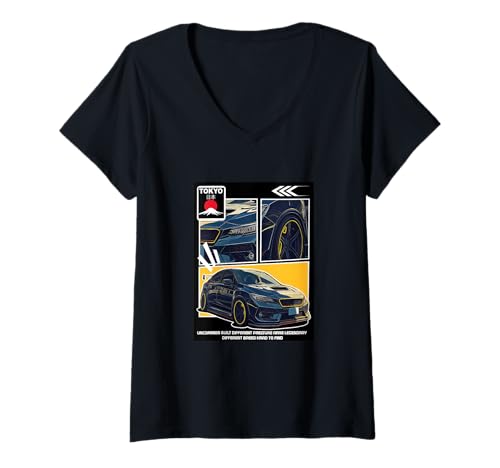 Damen University Varsity-Gold Tokyo Car University Varsity-Gold T-Shirt mit V-Ausschnitt von Color Match University Varsity-Gold Graphic Tee