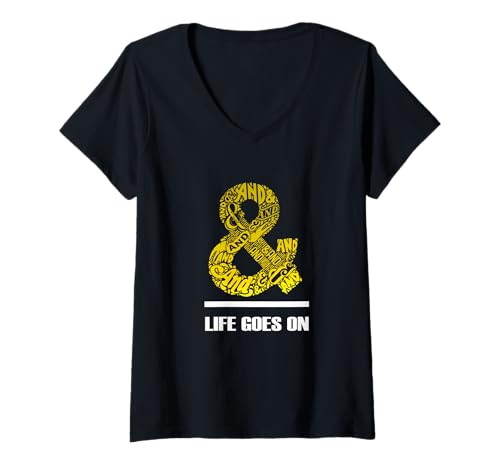 Damen University Varsity-Gold & Life Goes On University Yellow T-Shirt mit V-Ausschnitt von Color Match University Varsity-Gold Graphic Tee