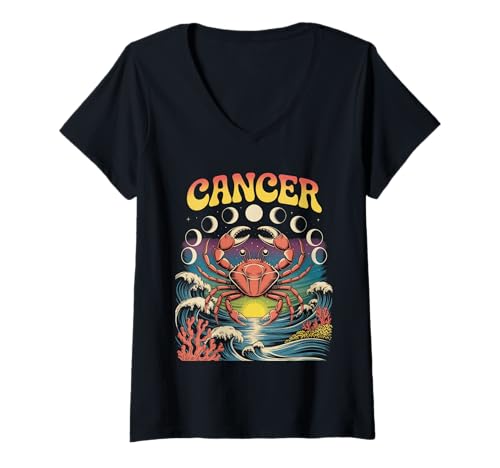 Damen Retro Krebs Sternzeichen T-Shirt mit V-Ausschnitt Damen Retro Krebs Sternzeichen T-Shirt mit V-Ausschnitt von Color Mood Bored