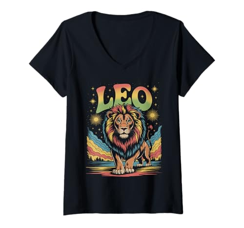 Damen Retro Leo Sternzeichen T-Shirt mit V-Ausschnitt Damen Retro Leo Sternzeichen T-Shirt mit V-Ausschnitt von Color Mood Bored